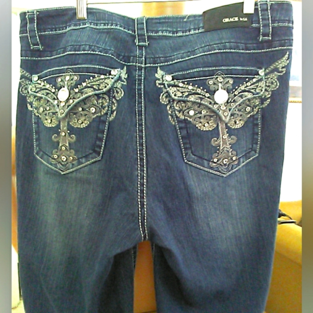 GRACE IN LA Blue Boot Cut Jeans Ornate Embellishment SZ. 17 Stretch Rhinestone